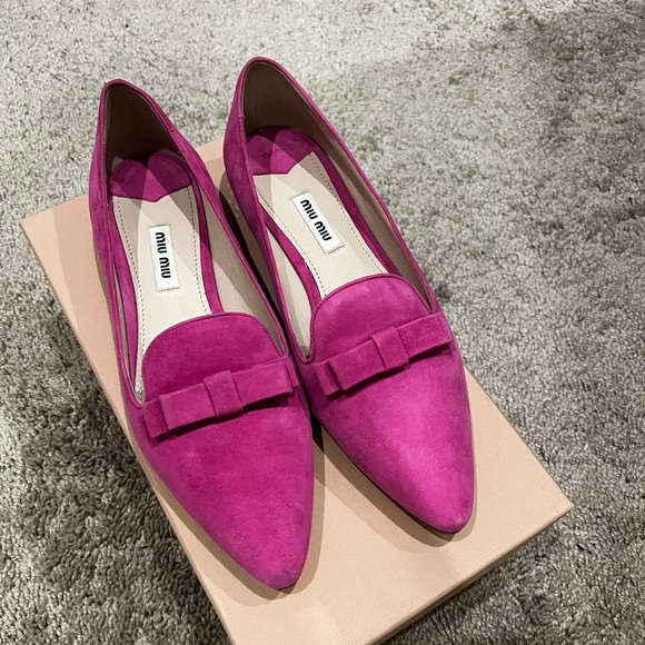 Miu Miu Shoes - BNIB Miu Miu Fuchsia hot pink suede crystal heel bow loafers flats shoes 38